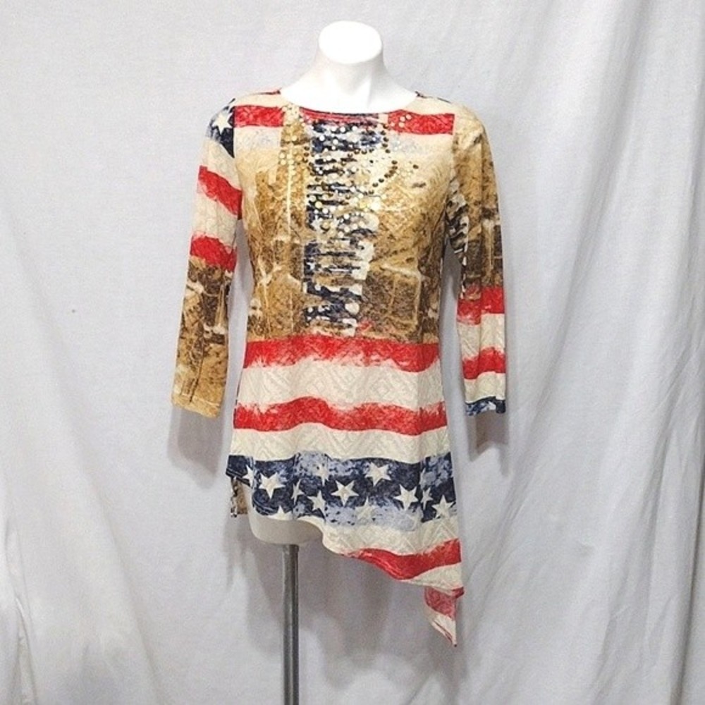 Bella Sky American Flag Asymmetrical Tunic Top Medium Beaded Boho Chic
